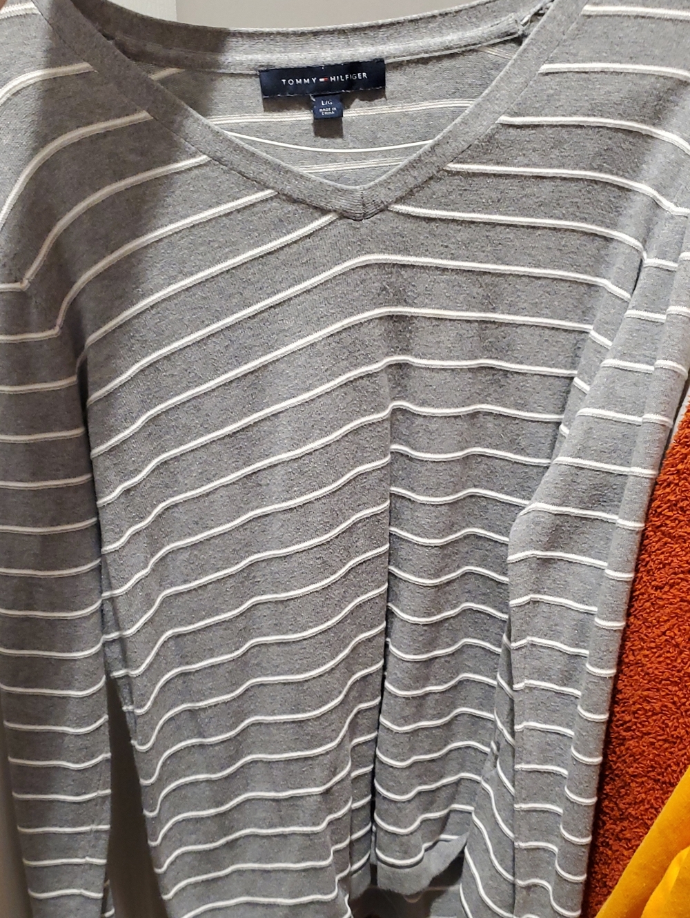 Tommy Hilfiger Gray V-Neck Sweater with White Stripes
